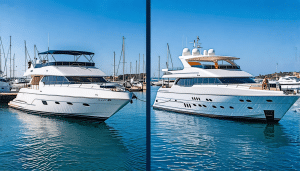 A side-by-side comparison of two yachts docked at a marina: one is a sleek, modern luxury yacht with gleaming white exterior, lavish sun decks, and elegant