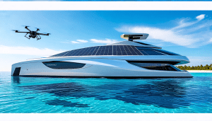 A futuristic yacht sailing on crystal-clear waters under a bright blue sky, featuring advanced solar panels on its sleek, modern design. The yacht incorpor