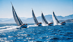 A high-speed action shot of sleek yachts racing against each other on a sparkling blue ocean under a clear sky, with sails fully unfurled and waves splashi