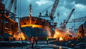 Create an image of a large shipyard specializing in ship recycling, filled with towering, partially dismantled ships. Include numerous workers in hard hats and safety gear diligently working with mach